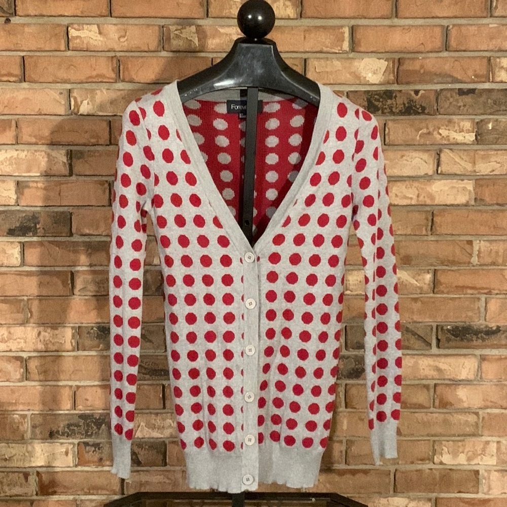 Forever 21 size small Red and Gray Polka Dot Cardigan 100% Cotton